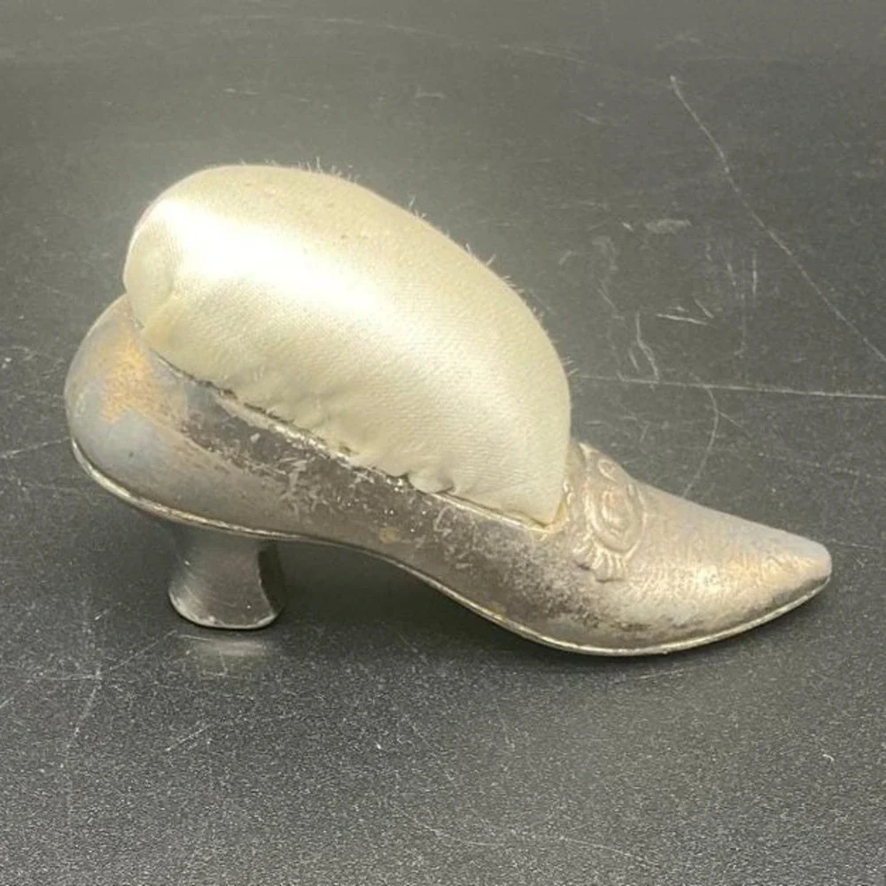 Antique Victorian Shoe Pin Cushion Cast Metal Sewing Room Decor Curio